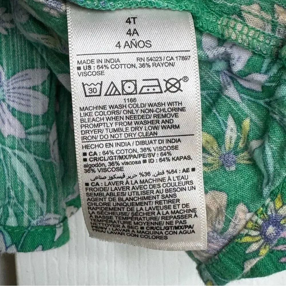 Old Navy Floral Print Knee Length Dress Sleeveless Cotton Blend Ruffled Green 4T